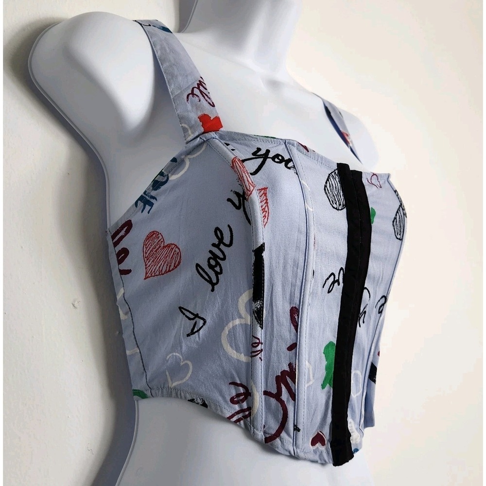 Rabbit Rose Womens Small Corset Crop Top Blue Heart Graffiti Hook Front Boning